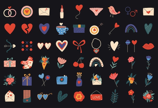 Conjunto de iconos de colores para el día de san valentín Flores corazones sobres labios regalos caramelo chocolate