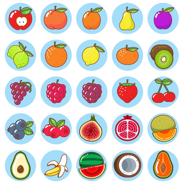 Conjunto de iconos de colores de fruta plana