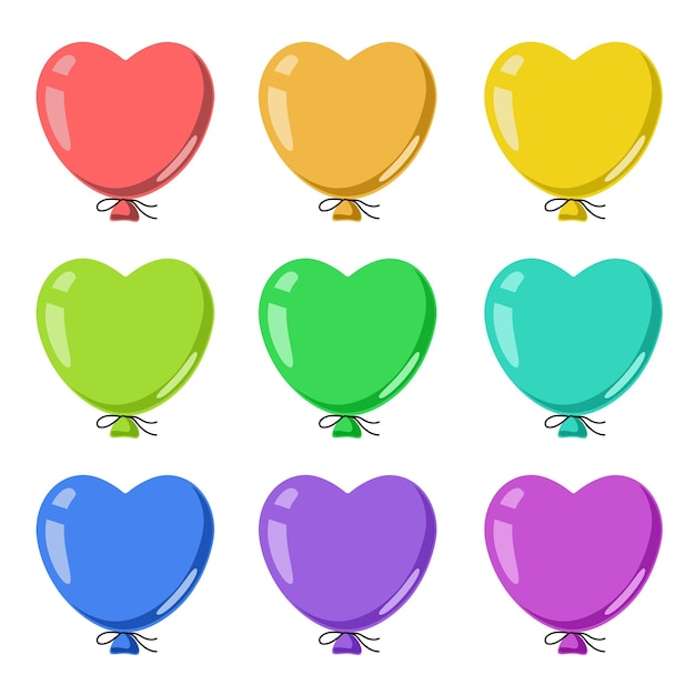 Vector un conjunto de iconos de colores globos festivos brillantes en forma de corazón vector el estilo plano