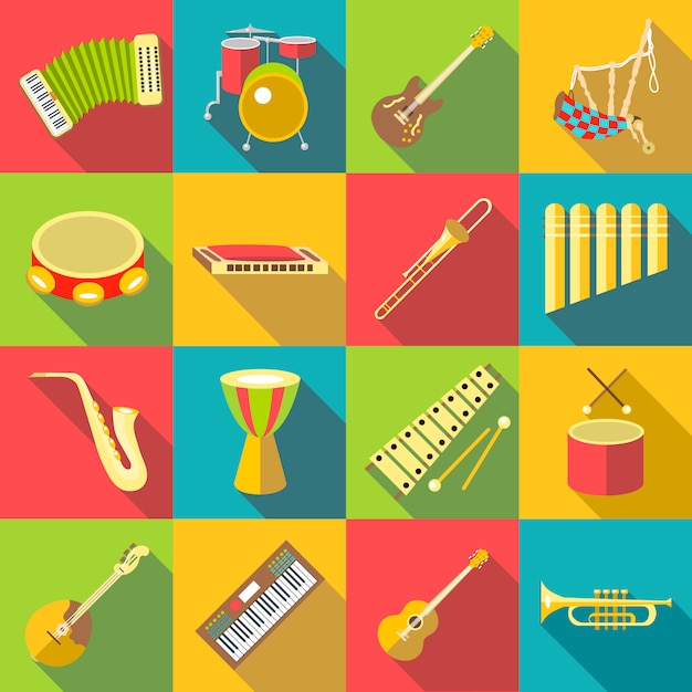 Vector conjunto de iconos de colores de instrumentos musicales, estilo plano