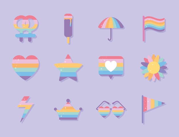 Conjunto de iconos con colores de orgullo lgbtq sobre un fondo morado