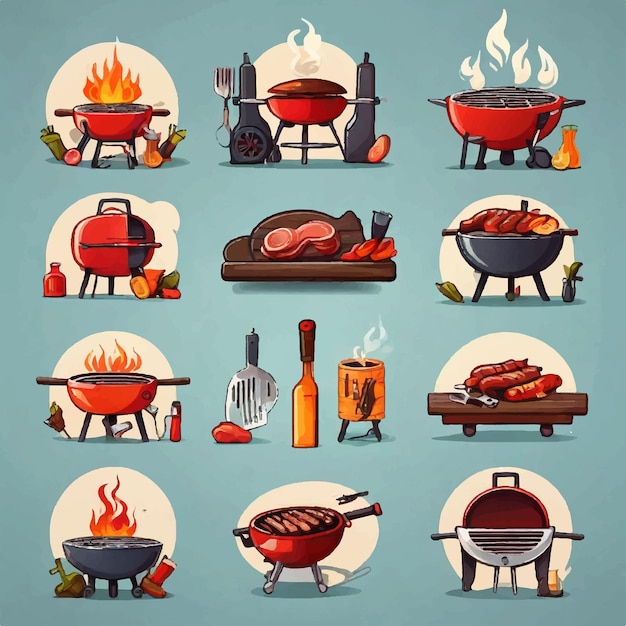 Vector conjunto de iconos de colores de la parrilla vectorial bbq