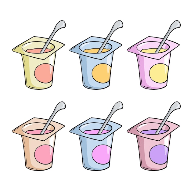 Un conjunto de iconos de colores, un pequeño frasco de plástico abierto con yogur de frutas y una caricatura vectorial de cuchara