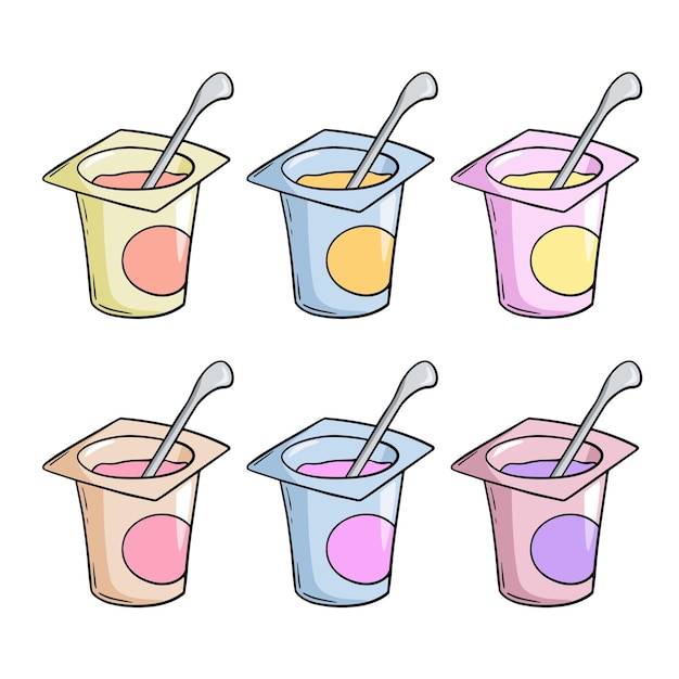 Un conjunto de iconos de colores, un pequeño frasco de plástico abierto con yogur de frutas y una caricatura vectorial de cuchara