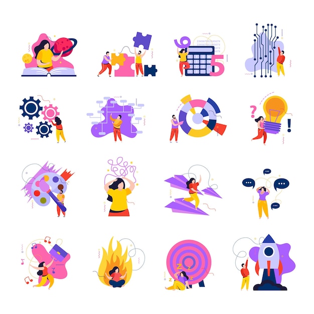 Conjunto de iconos de colores planos de comportamiento mental