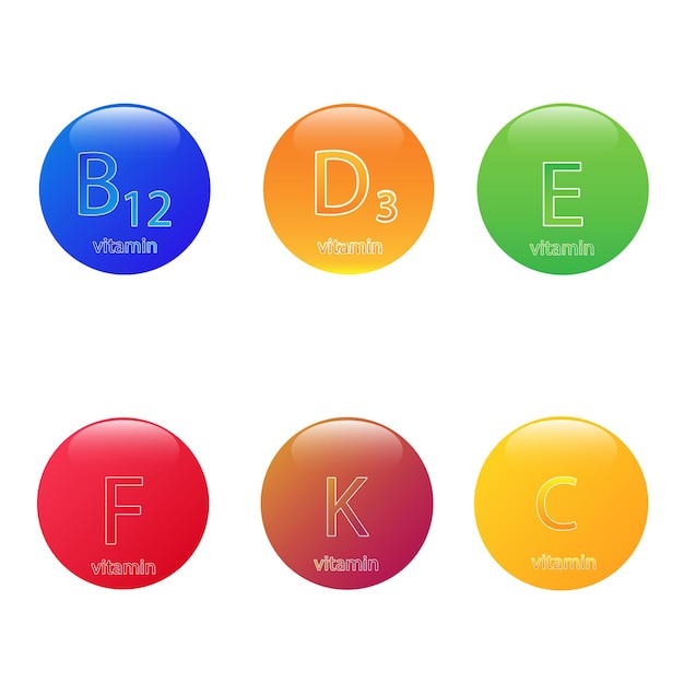 Un conjunto de iconos de colores sobre el tema de las vitaminas Vitaminas D 3 CKB 12 Fx9xA