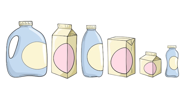 Un conjunto de iconos de colores, varios recipientes de plástico ligero con dibujos animados de vector de leche y jugo