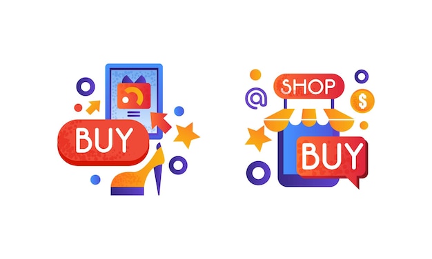 Conjunto de iconos coloridos de compras Comercio electrónico Tecnologías de compras y pagos Ilustración vectorial plana
