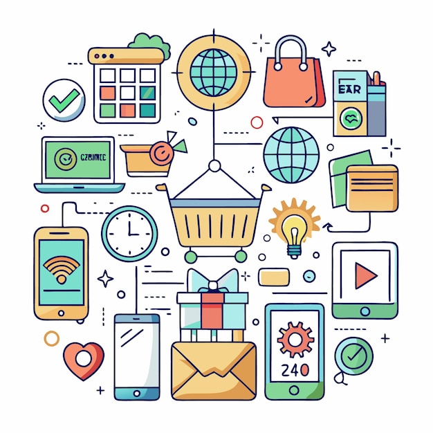 Conjunto de iconos coloridos de compras y tiendas en línea