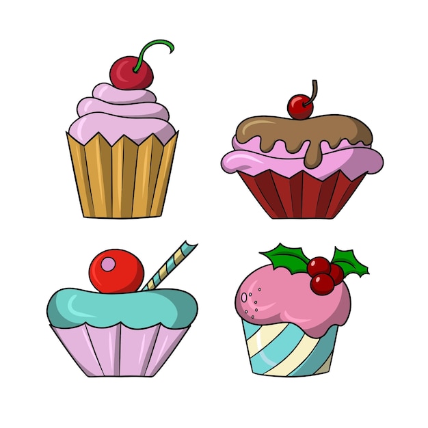Un conjunto de iconos coloridos deliciosos cupcakes con delicadas frutas y dibujos animados de bayas de crema de chocolate