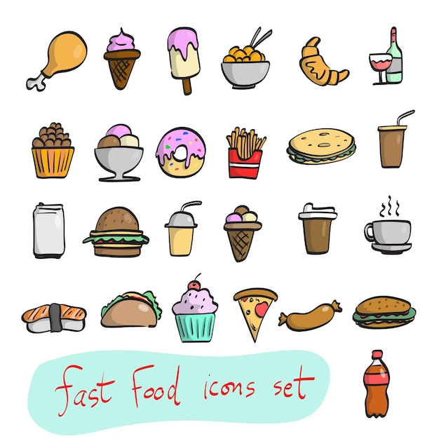 conjunto de iconos coloridos de ilustración de comida rápida no saludable vector dibujado a mano aislado en fondo blanco