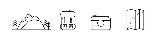 Conjunto de iconos coloridos que muestran montañas cámara de mochila y un mapa que representa viajes de senderismo al aire libre