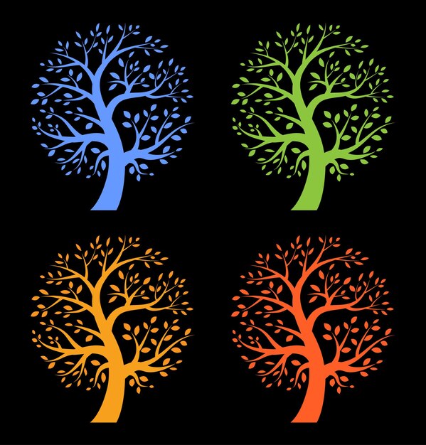 Conjunto de iconos coloridos de temporada en negrita sobre fondo negro, ilustración vectorial