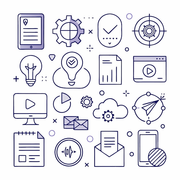 Conjunto de iconos comerciales que incluyen sobre de teléfono, computadora y bombilla