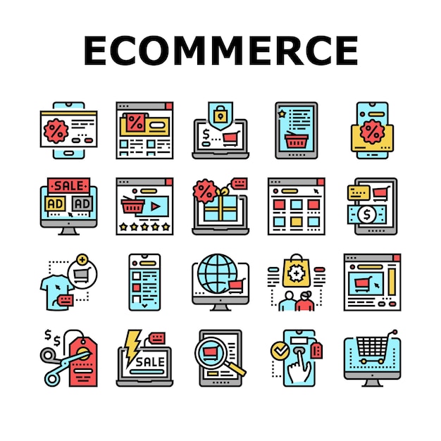 Conjunto de iconos de comercio electrónico y compras en línea Vector