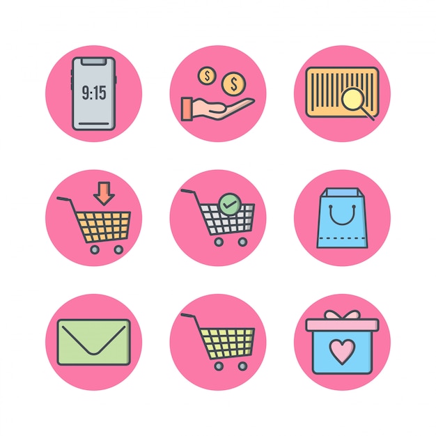 Conjunto de iconos de comercio electrónico sobre fondo blanco Vector elementos aislados