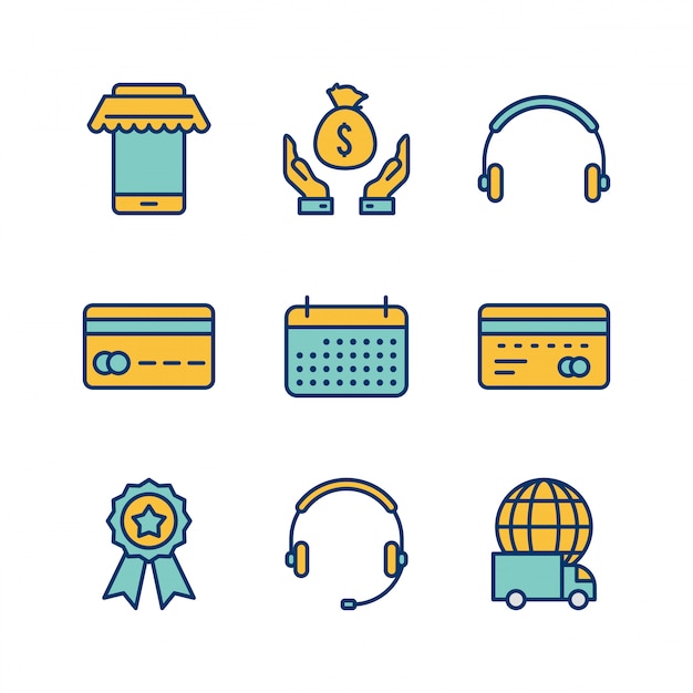 Conjunto de iconos de comercio electrónico sobre fondo blanco Vector elementos aislados