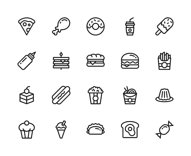 Conjunto de iconos de comida y bebida. estilo de línea