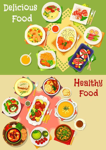 Conjunto de iconos de comida para la cena y el almuerzo para el diseño del menú