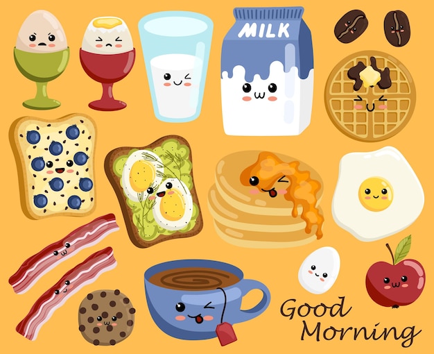 Conjunto de iconos de comida de desayuno lindo en estilo kawaii