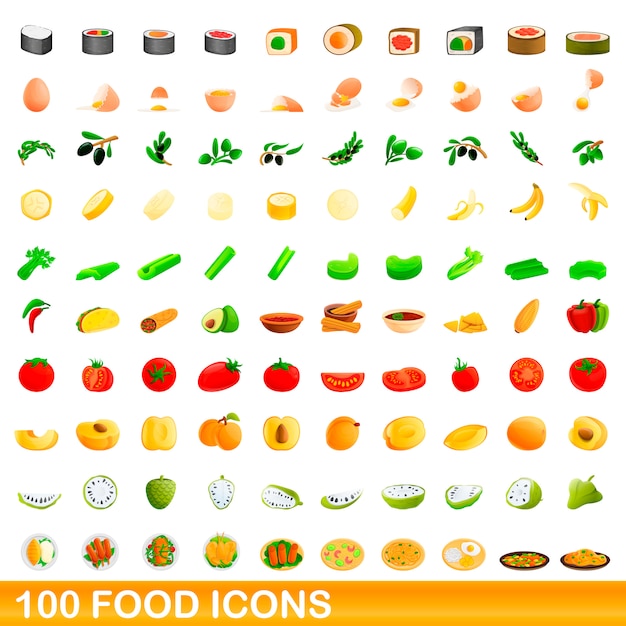 Conjunto de iconos de comida, estilo de dibujos animados