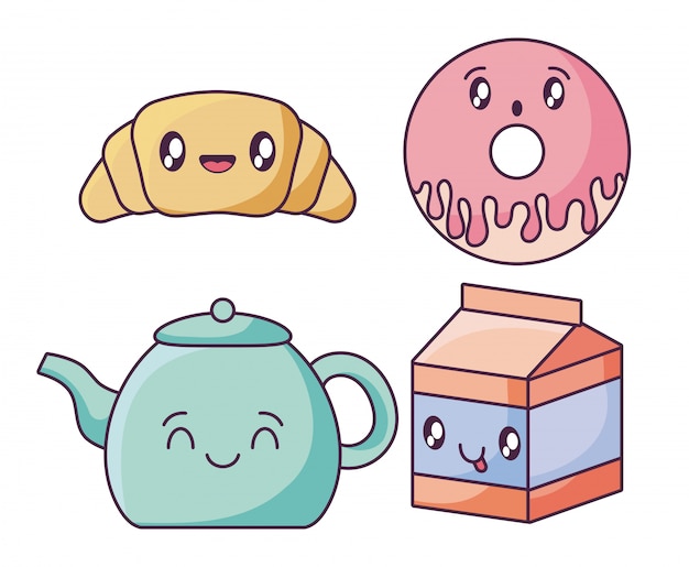 Conjunto de iconos de comida en estilo kawaii