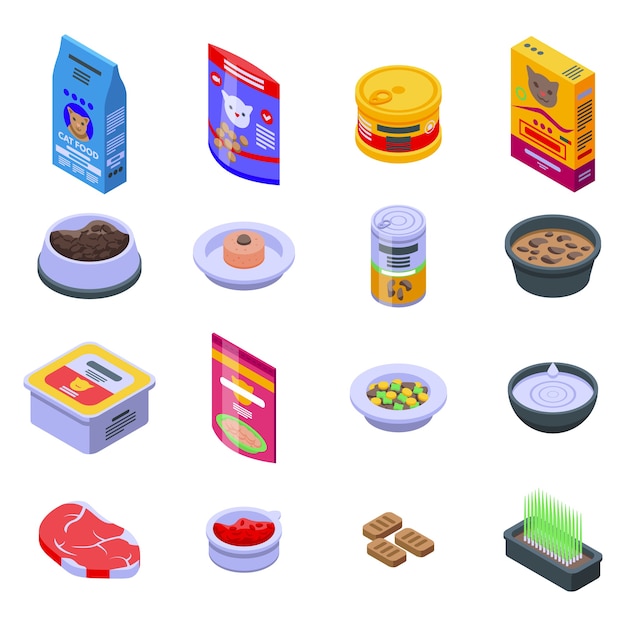 Vector conjunto de iconos de comida para gatos. conjunto isométrico de iconos de comida para gatos para web aislado sobre fondo blanco