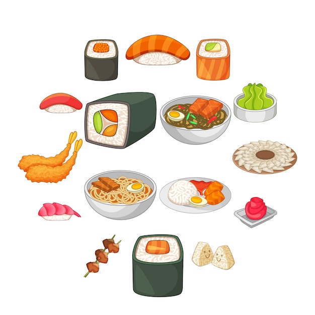 Vector conjunto de iconos de comida japonesa, estilo de dibujos animados