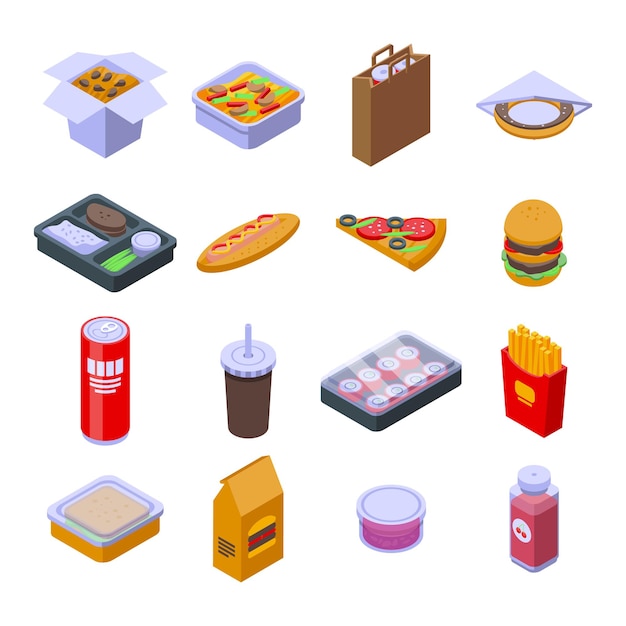 Conjunto de iconos de comida para llevar. Conjunto isométrico de iconos de vector de comida para llevar para diseño web aislado sobre fondo blanco