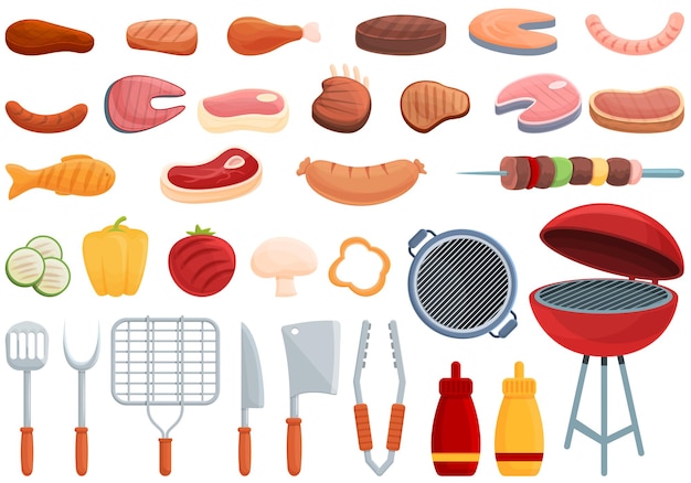 Conjunto de iconos de comida a la parrilla. Conjunto de dibujos animados de iconos de vector de comida a la parrilla para diseño web