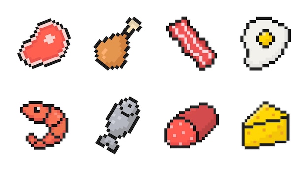 conjunto de iconos de comida de píxeles para juegos o aplicaciones móviles coloridos iconos de 8 bits de estilo antiguo de pixel art