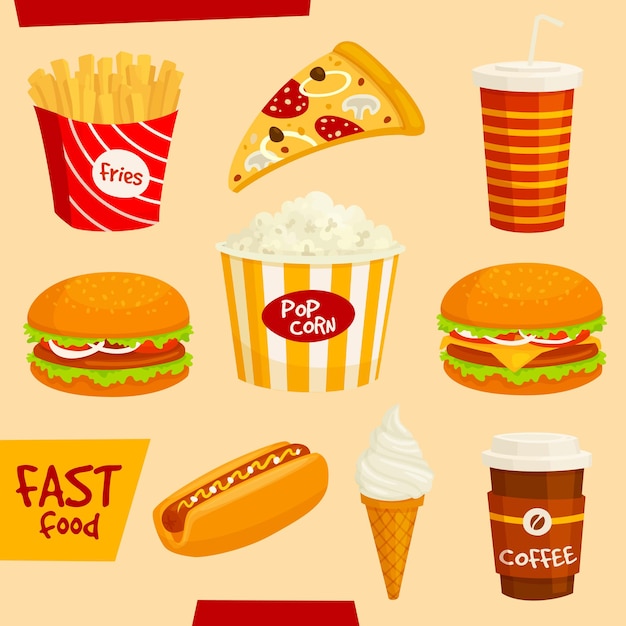 Conjunto de iconos de comida rápida. Aperitivos de comida rápida y bebidas elementos aislados. Hamburguesa, hamburguesa, papas fritas, hot dog, hamburguesa con queso, pizza, palomitas de maíz, helado