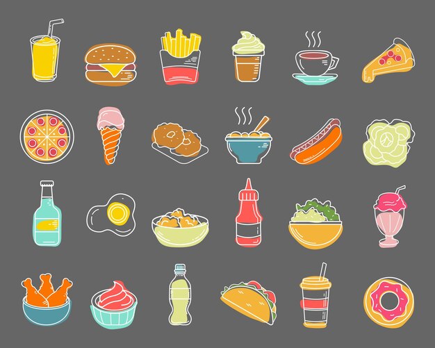Conjunto de iconos de comida rápida de color plano lineal Ilustración vectorial Icones delgados para el menú del restaurante Aislados