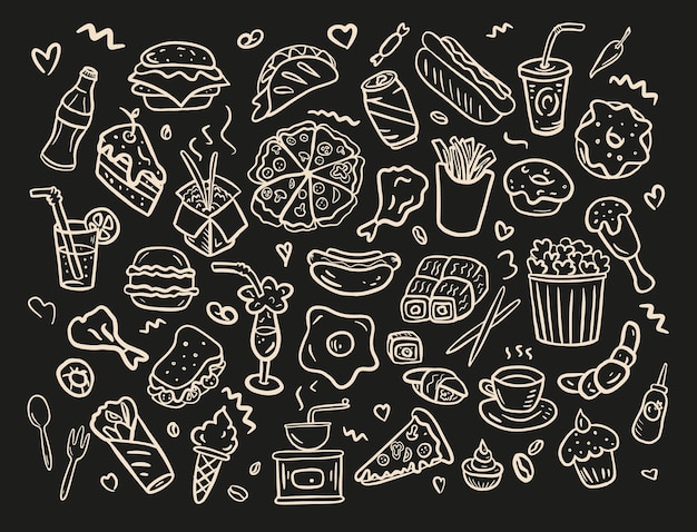 Conjunto de iconos de comida rápida dibujados a mano en la ilustración de doodle stylevector