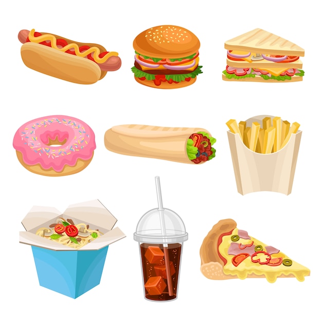 Conjunto de iconos de comida rápida de dibujos animados. Deliciosa merienda para el almuerzo. Coloridas ilustraciones planas