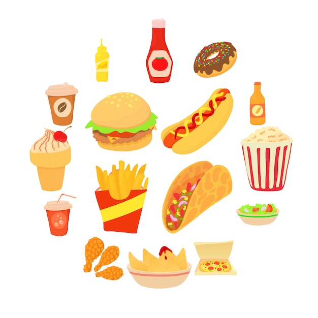 Vector conjunto de iconos de comida rápida, estilo de dibujos animados