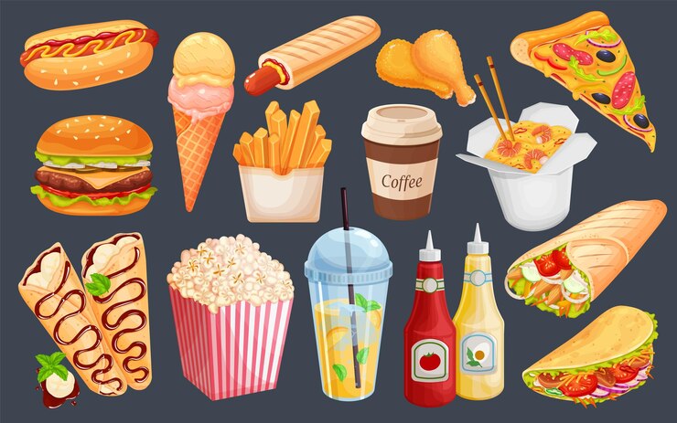 Vector conjunto de iconos de comida rápida. hot dog, shawarma, pizza, crepes, hamburguesas, fideos wok y otras comidas rápidas para el diseño de cafés para llevar. ilustración vectorial.
