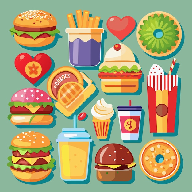 Conjunto de iconos de comida rápida que incluyen hamburguesas, papas fritas, rosquillas y bebidas
