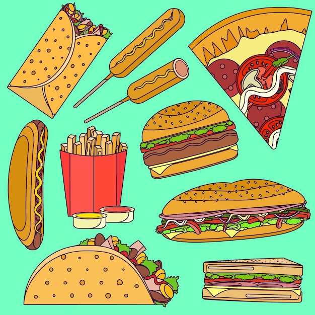 Conjunto de iconos de comida rápida de vector de arte pop brillante plano que incluye burrito hamburguesa pizza sándwich taco