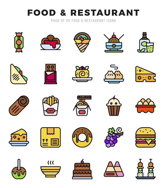 Vector conjunto de iconos de comida y restaurante simple lineal color estilo de arte paquete de iconos