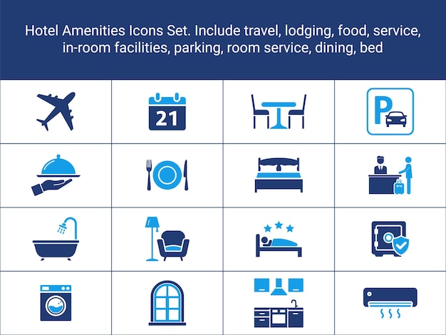 Conjunto de íconos de comodidades hoteleras Viajes Alojamiento Comida y servicio Íconos