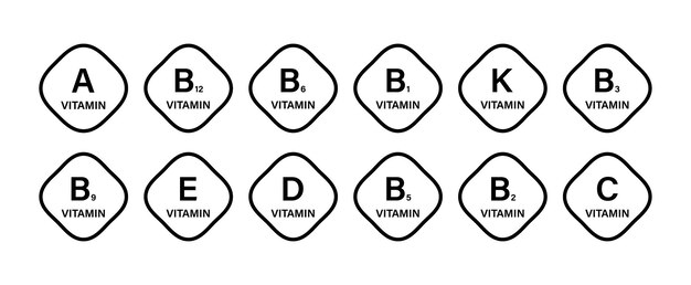 Conjunto de iconos complejos multivitamínicos aislados en el fondo Ilustración vectorial