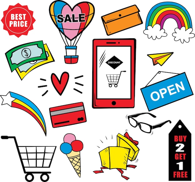Conjunto de íconos de compras aislados en fondo blanco Ilustración vectorial