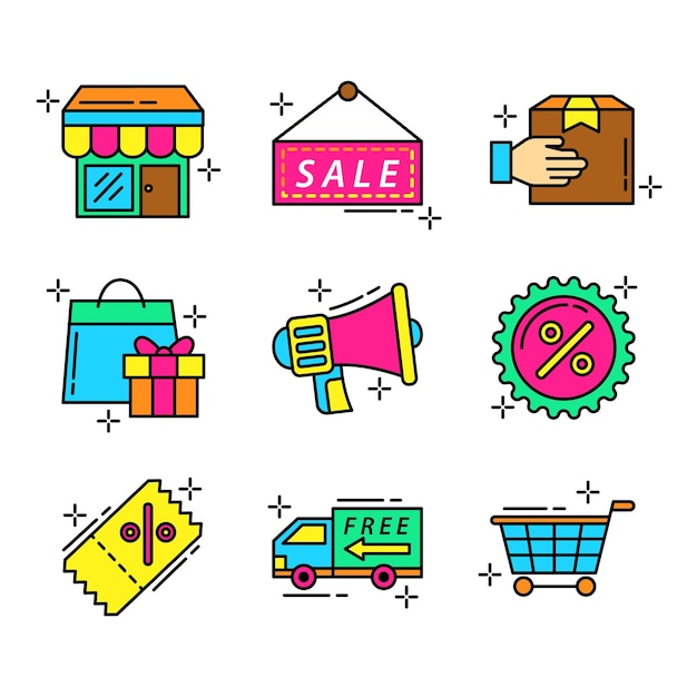 Conjunto de íconos de compras Colección de ícono de comercio electrónico Iconos de línea delgada de compras en línea Íconos de tienda vector