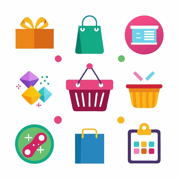 Conjunto de íconos de compras coloridos que incluyen caja de regalos bolsa de compras caja de pago contador cesta de compras de diamantes lista de comprobación tarjeta de lealtad y calendario