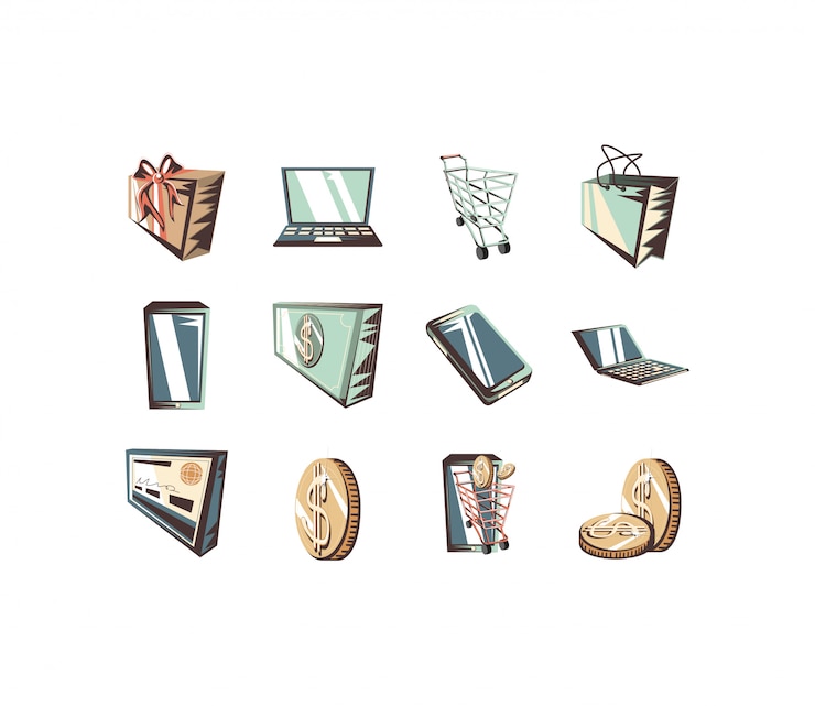 Vector conjunto de iconos de compras y comercio electrónico aislado