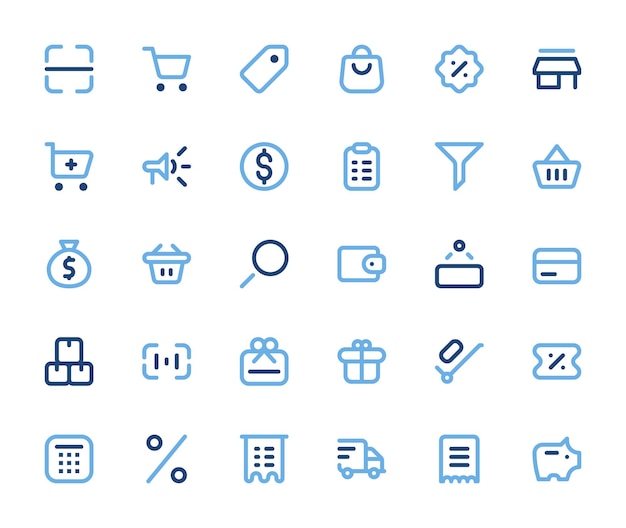 Conjunto de iconos de compras contorno duotone estilo vector gráfico minorista para el comercio electrónico