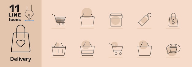 Conjunto de íconos de compras y entrega Bolsa de compras con corazón Cesta de compras caja de producto etiqueta de precio etiqueta de euro bolsa de entrega Cesta de entrega añadir al carrito burbuja de habla de compras Ilustraciones de comercio electrónico lineal