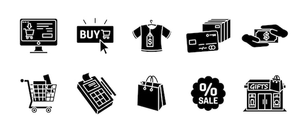 Conjunto de iconos de compras en línea negro Pago de comercio electrónico y venta al por menor Compra digital Descuento en la tienda
