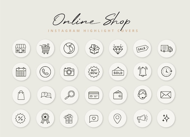 Conjunto de iconos de compras en línea para portadas destacadas de historias de instagram